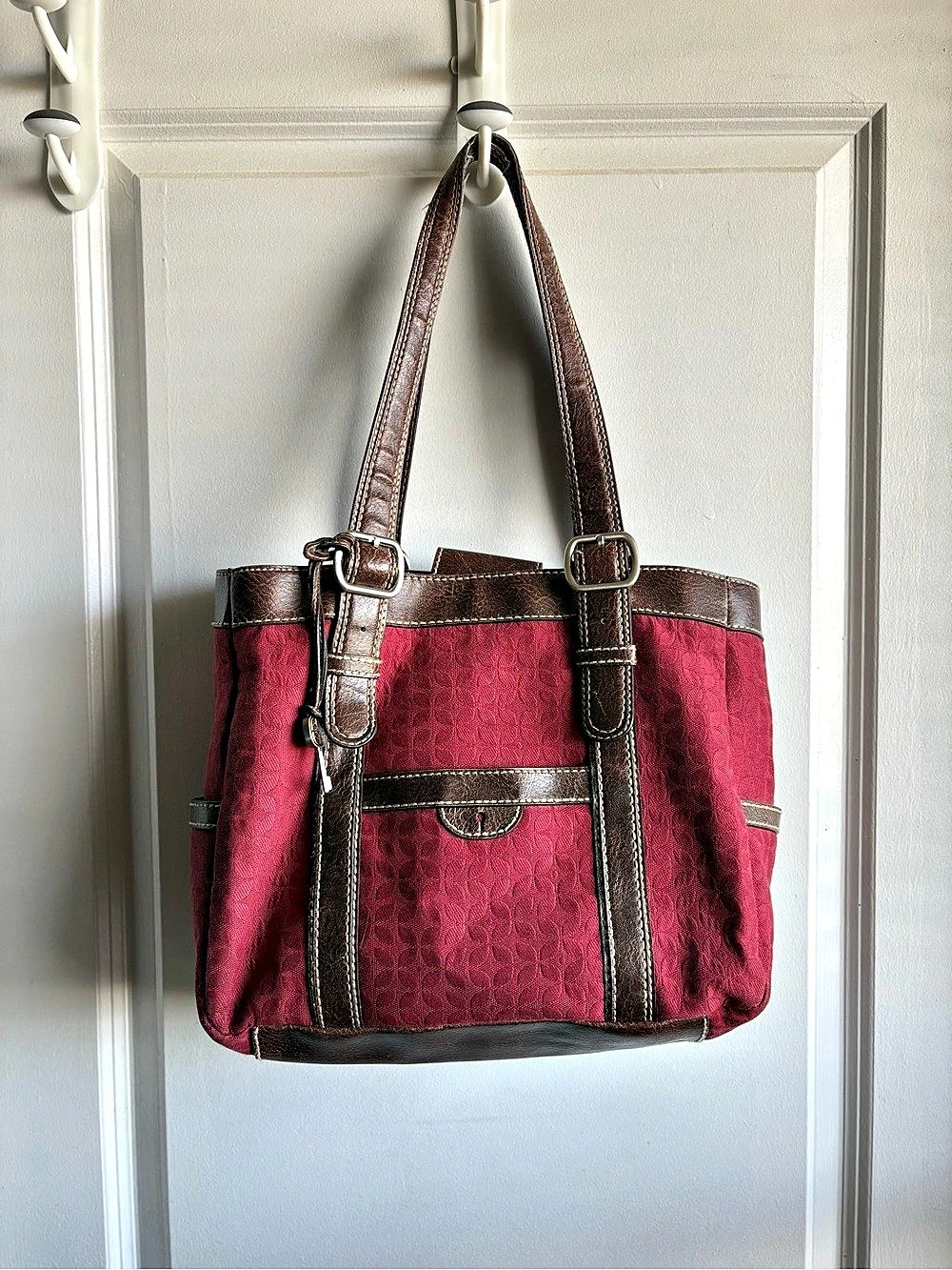 Vintage Fossil Y2K Red Jacquard Fabric & Leather Shoulder Bag Tote